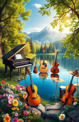 A vibrant digital painting featuring a variety of musical instruments including a grand piano, acoustic guitar, violins, and drums, all beautifully integrated into a stunning natural landscape