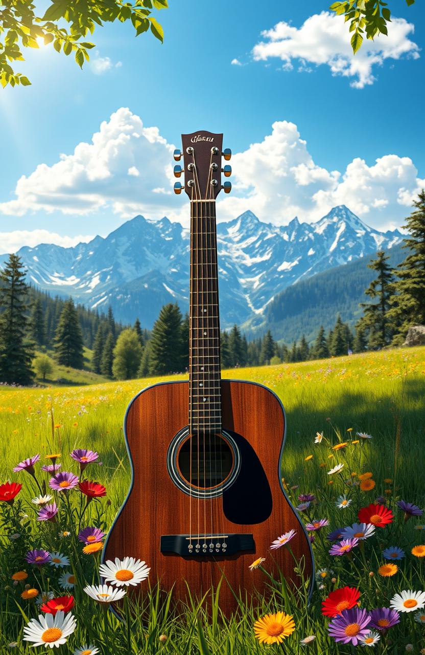 A stunning digital painting featuring an acoustic guitar resting among a picturesque natural landscape