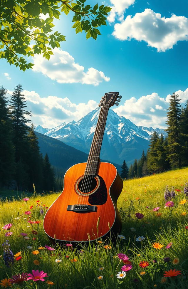 A stunning digital painting featuring an acoustic guitar resting among a picturesque natural landscape