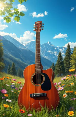 A stunning digital painting featuring an acoustic guitar resting among a picturesque natural landscape