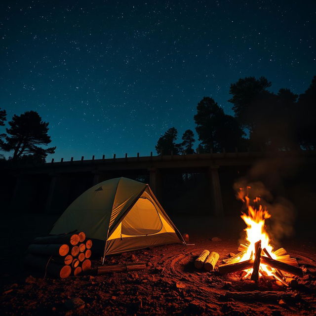 A cozy camping scene at a fallen bridge, featuring a picturesque tent set up beside a crackling fire