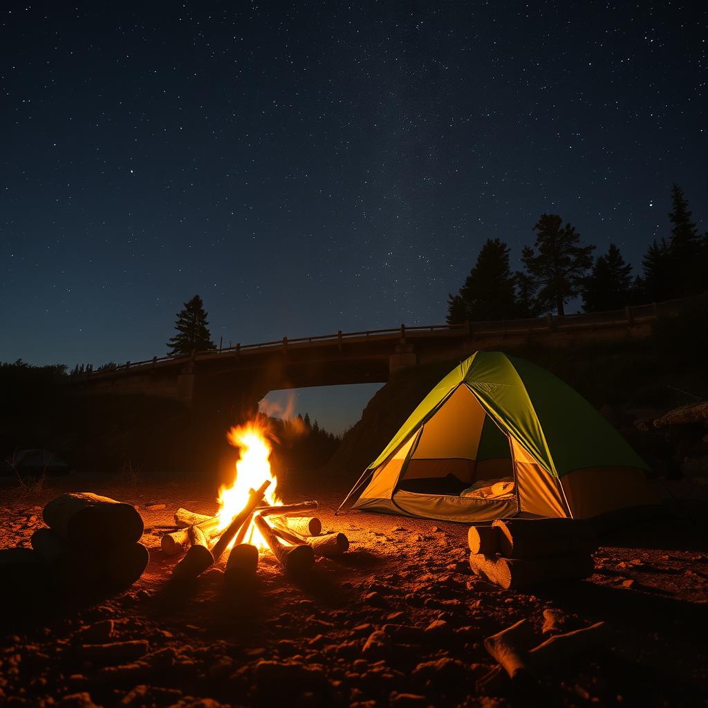 A cozy camping scene at a fallen bridge, featuring a picturesque tent set up beside a crackling fire