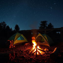 A cozy camping scene at a fallen bridge, featuring a picturesque tent set up beside a crackling fire