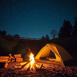 A cozy camping scene at a fallen bridge, featuring a picturesque tent set up beside a crackling fire