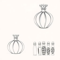 A collection of three intricate pencil sketches showcasing a perfume bottle design inspired by the shape of a pomegranate