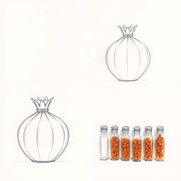 A collection of three intricate pencil sketches showcasing a perfume bottle design inspired by the shape of a pomegranate