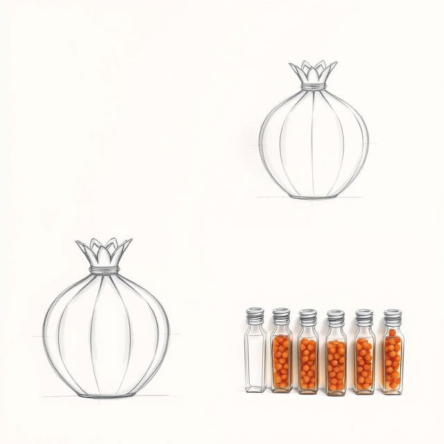 A collection of three intricate pencil sketches showcasing a perfume bottle design inspired by the shape of a pomegranate