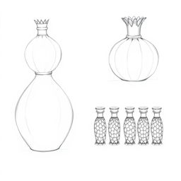 A collection of three intricate pencil sketches showcasing a perfume bottle design inspired by the shape of a pomegranate