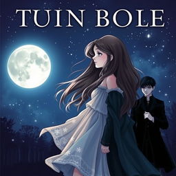 A romantic yet mysterious book cover design featuring a girl with a dreamy expression, gazing longingly at a full moon in a starry night sky