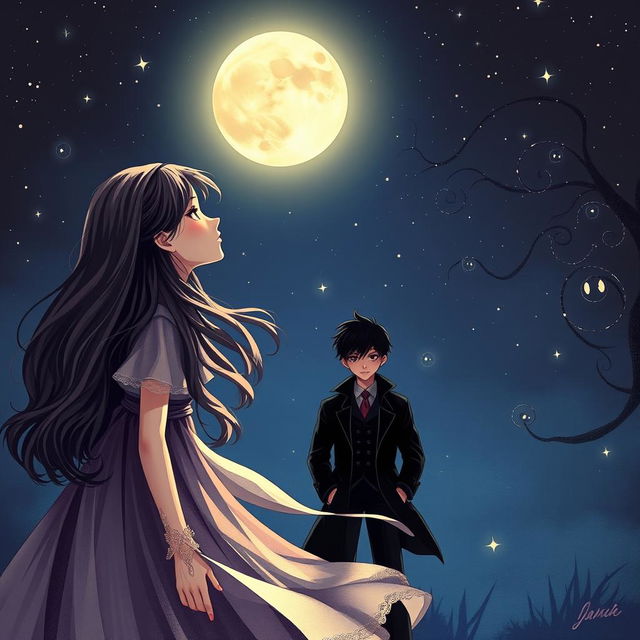 A romantic yet mysterious book cover design featuring a girl with a dreamy expression, gazing longingly at a full moon in a starry night sky