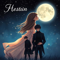 A romantic yet mysterious book cover design featuring a girl with a dreamy expression, gazing longingly at a full moon in a starry night sky