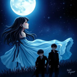 A romantic yet mysterious book cover design featuring a girl with a dreamy expression, gazing longingly at a full moon in a starry night sky