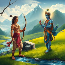 A stunning depiction of the first encounter between Arjuna and Krishna as described in the Mahabharata