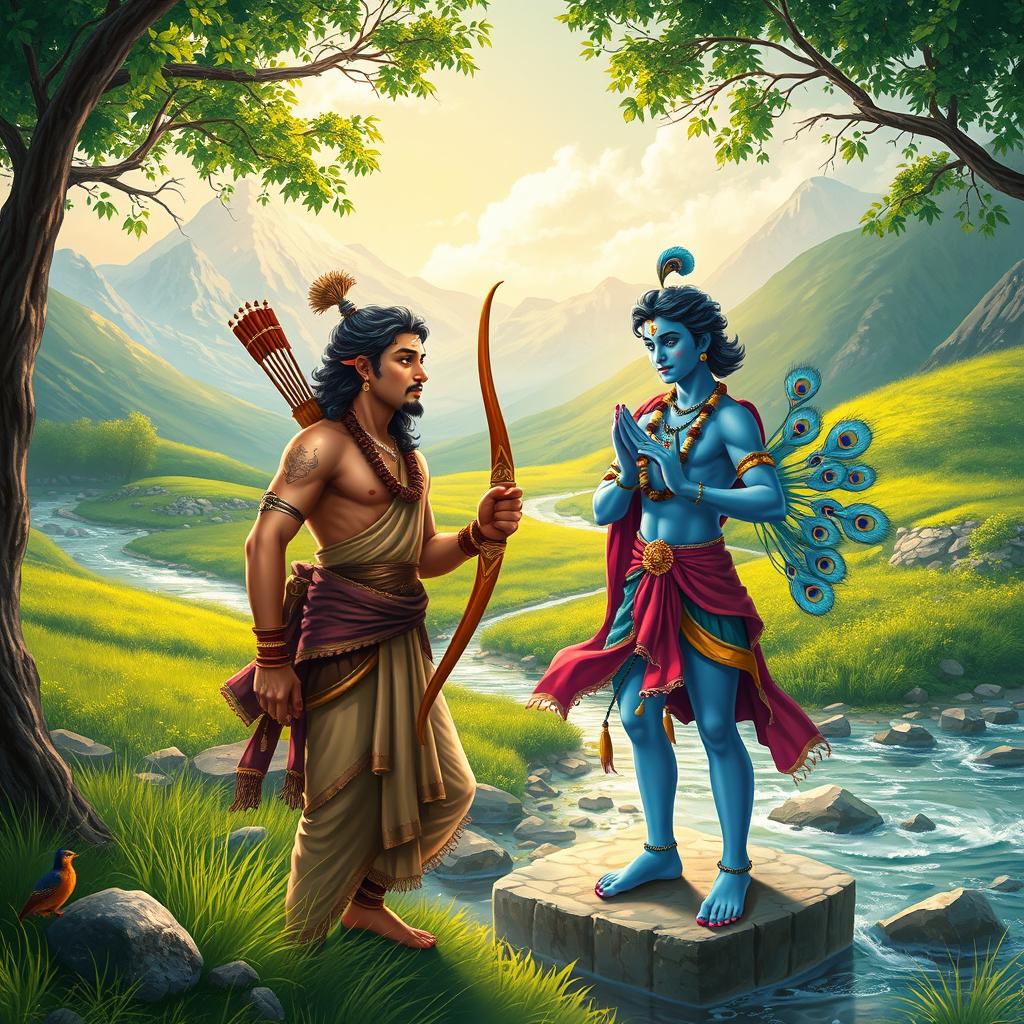 A stunning depiction of the first encounter between Arjuna and Krishna as described in the Mahabharata