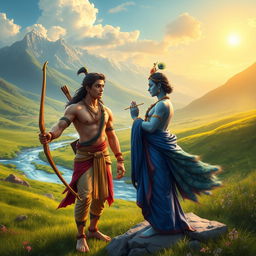 A stunning depiction of the first encounter between Arjuna and Krishna as described in the Mahabharata