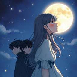 A romantic yet mysterious cover illustration featuring a girl gazing thoughtfully at a full moon in a starry night sky