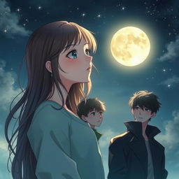 A romantic yet mysterious cover illustration featuring a girl gazing thoughtfully at a full moon in a starry night sky