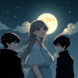 A romantic yet mysterious cover illustration featuring a girl gazing thoughtfully at a full moon in a starry night sky