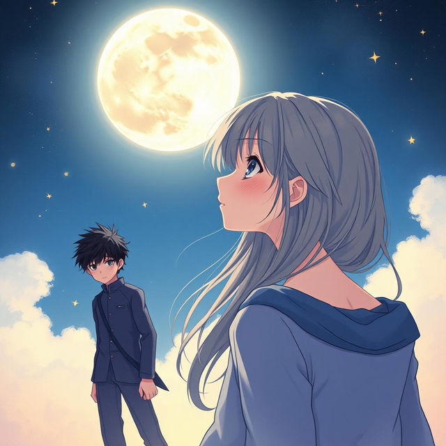 A romantic yet mysterious cover illustration featuring a girl gazing thoughtfully at a full moon in a starry night sky