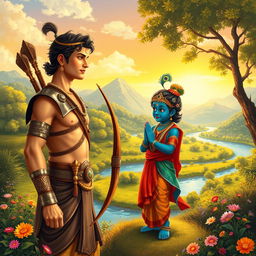 A captivating illustration of the first meeting between Arjuna and Krishna from the Mahabharata