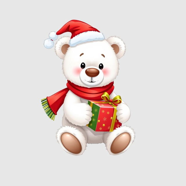 An illustration of a white teddy bear wearing a festive red and green Christmas hat and a matching scarf, holding a beautifully wrapped Christmas gift