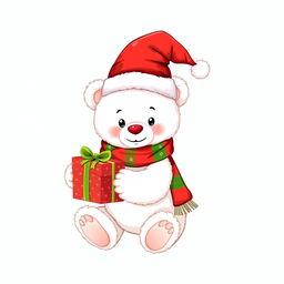 An illustration of a white teddy bear wearing a festive red and green Christmas hat and a matching scarf, holding a beautifully wrapped Christmas gift
