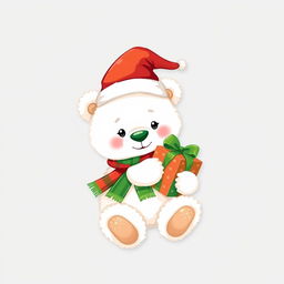 An illustration of a white teddy bear wearing a festive red and green Christmas hat and a matching scarf, holding a beautifully wrapped Christmas gift