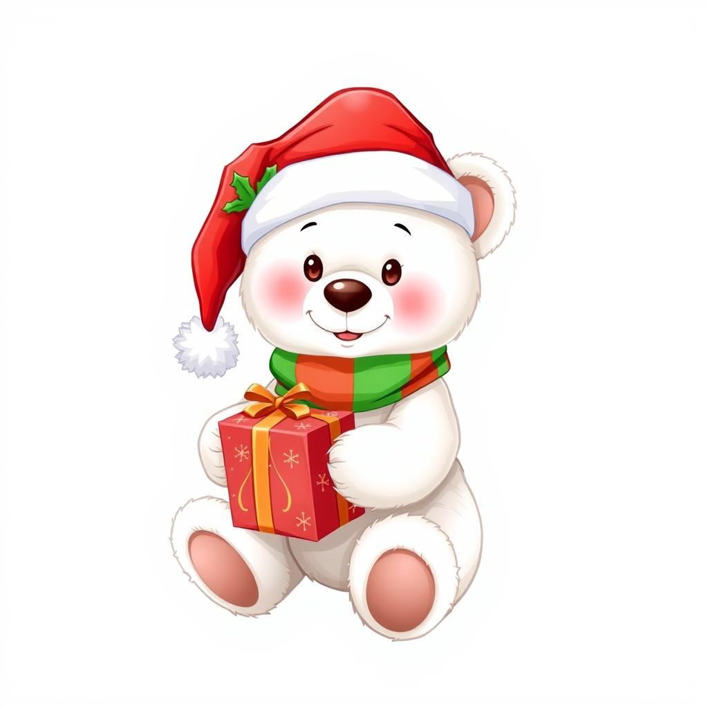 An illustration of a white teddy bear wearing a festive red and green Christmas hat and a matching scarf, holding a beautifully wrapped Christmas gift