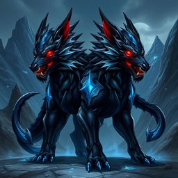 A stunning illustration of Orthrus in a fantasy style, depicting this two-headed canine creature with an imposing and majestic presence