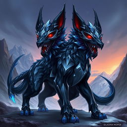 A stunning illustration of Orthrus in a fantasy style, depicting this two-headed canine creature with an imposing and majestic presence