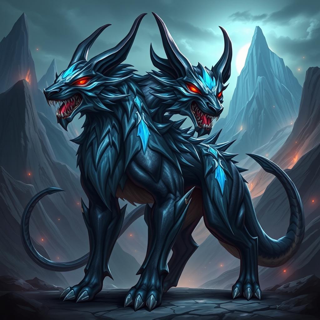 A stunning illustration of Orthrus in a fantasy style, depicting this two-headed canine creature with an imposing and majestic presence