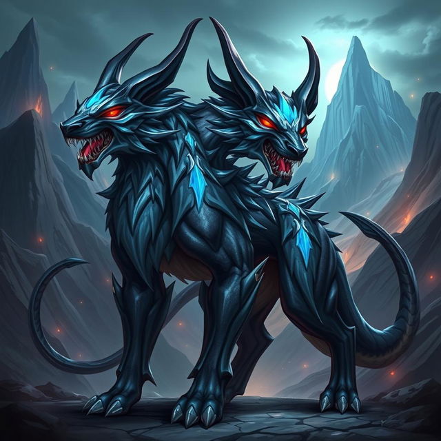 A stunning illustration of Orthrus in a fantasy style, depicting this two-headed canine creature with an imposing and majestic presence