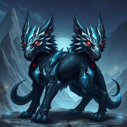 A stunning illustration of Orthrus in a fantasy style, depicting this two-headed canine creature with an imposing and majestic presence