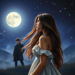 A realistic, romantic yet mysterious book cover featuring a young woman gazing intently at a full moon in a starry night sky