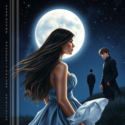 A realistic, romantic yet mysterious book cover featuring a young woman gazing intently at a full moon in a starry night sky