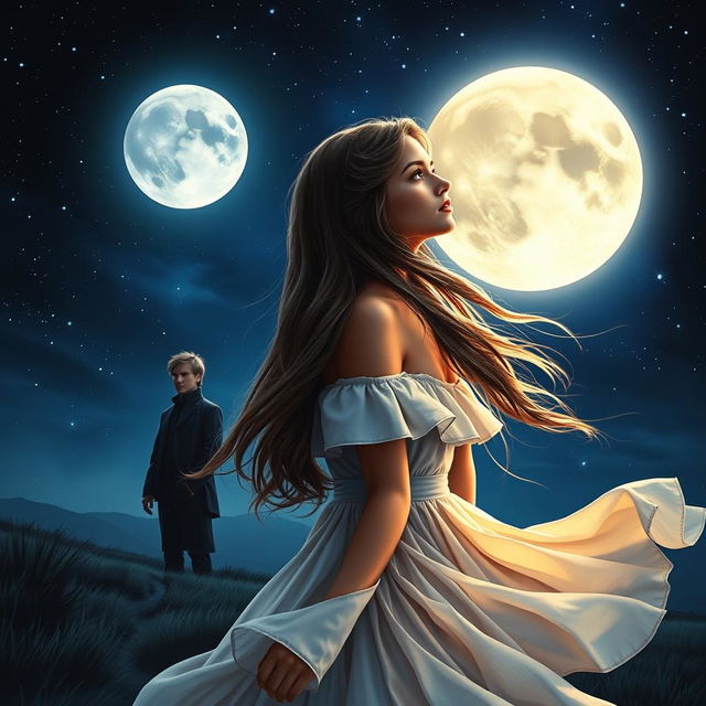 A realistic, romantic yet mysterious book cover featuring a young woman gazing intently at a full moon in a starry night sky