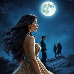 A realistic, romantic yet mysterious book cover featuring a young woman gazing intently at a full moon in a starry night sky