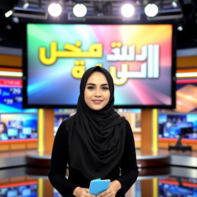 A female news anchor wearing a hijab, standing in front of a large screen displaying the words 'خاص عاجل حضرموت نيوز' in bold, eye-catching letters