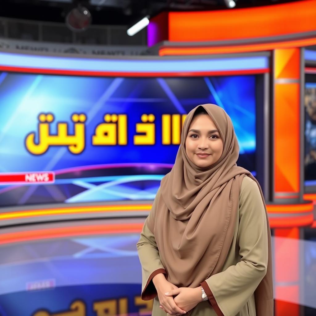 A female news anchor wearing a hijab, standing in front of a large screen displaying the words 'خاص عاجل حضرموت نيوز' in bold, eye-catching letters