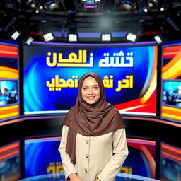 A female news anchor wearing a hijab, standing in front of a large screen displaying the words 'خاص عاجل حضرموت نيوز' in bold, eye-catching letters