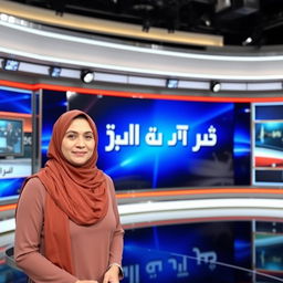 A female news anchor wearing a hijab, standing in front of a large screen displaying the words 'خاص عاجل حضرموت نيوز' in bold, eye-catching letters