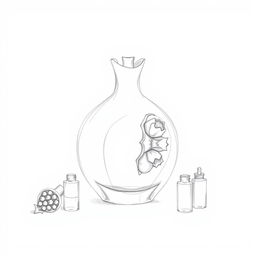 A detailed pencil sketch illustrating a unique perfume bottle design shaped like a pomegranate