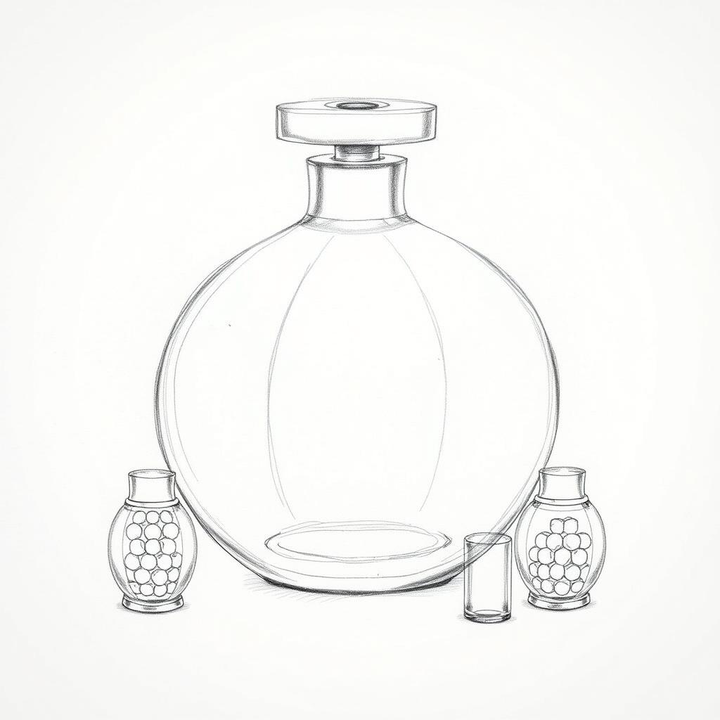 A detailed pencil sketch illustrating a unique perfume bottle design shaped like a pomegranate