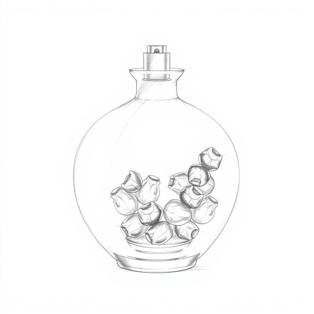 A detailed pencil sketch illustrating a unique perfume bottle design shaped like a pomegranate