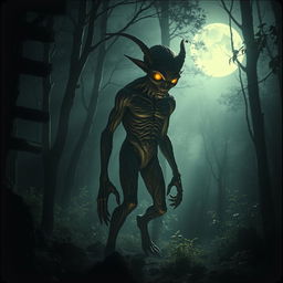 A mysterious and enigmatic figure resembling a cryptid, standing in a dense, misty forest illuminated by moonlight