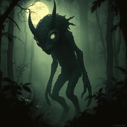A mysterious and enigmatic figure resembling a cryptid, standing in a dense, misty forest illuminated by moonlight
