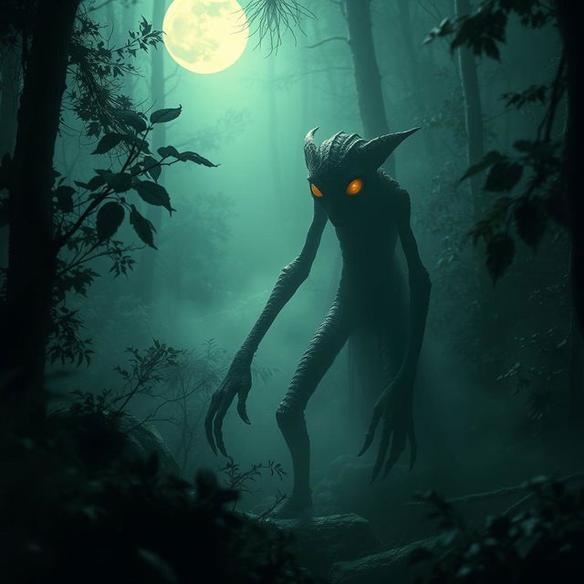 A mysterious and enigmatic figure resembling a cryptid, standing in a dense, misty forest illuminated by moonlight