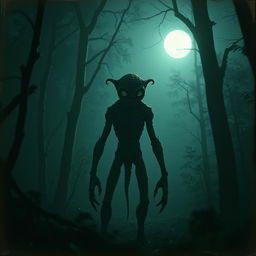 A mysterious and enigmatic figure resembling a cryptid, standing in a dense, misty forest illuminated by moonlight