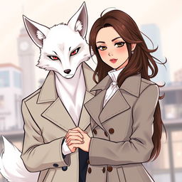 An illustration of a couple in manhwa style, featuring a white kitsune in male human form and a brunette European woman wearing a stylish trench coat