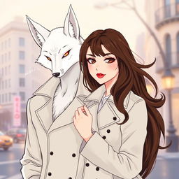 An illustration of a couple in manhwa style, featuring a white kitsune in male human form and a brunette European woman wearing a stylish trench coat